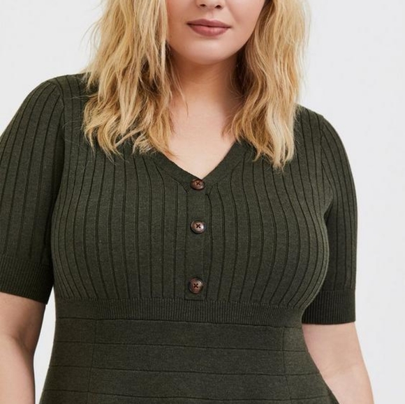 Olive Button Front Sweater Skater Dress - Picture 3 of 7